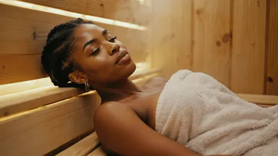 Young Woman Relaxing In A Wooden Sauna