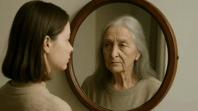 Young Woman Looking At Her Elderly Reflection In Mirror