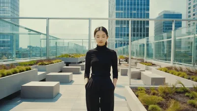 Young Asian Woman Standing On Modern Rooftop Terrace