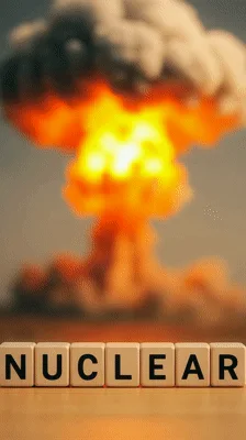 Nuclear Explosion Mushroom Cloud Behind Wooden Letter Blocks