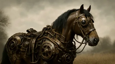 Steampunk Mechanical Horse Standing In A Misty Field