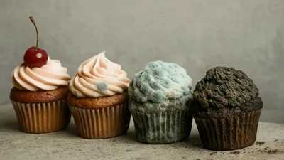 Four Cupcakes Showing Progressive Stages Of Mold Decay