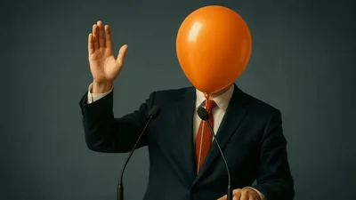 Businessman With Orange Balloon Head Giving A Speech