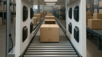 Cardboard Box Moving Along Automated Warehouse Conveyor Belt