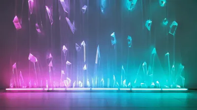 Abstract Installation With Floating Crystals And Shifting Neon Lights