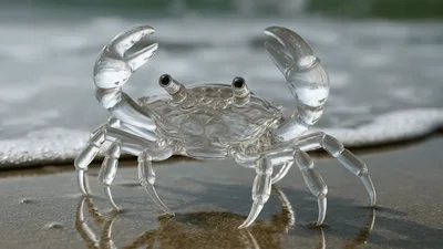 Transparent Glass Crab Standing On A Sandy Beach