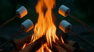 Four Marshmallows Roasting Over A Campfire