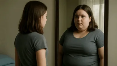 Young Woman Looking At Her Reflection In A Mirror