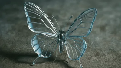 Glass Butterfly With Translucent Wings Flapping On Stone Surface