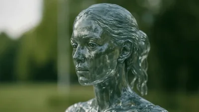 Translucent Glass Sculpture Of A Woman In A Park