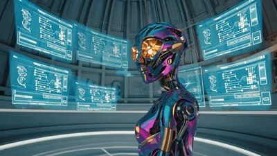 Futuristic Android Analyzing Data In High Tech Laboratory