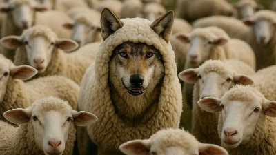 Wolf Wearing Sheep Costume Standing Among Flock