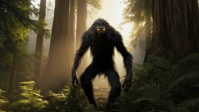 Bigfoot Creature Walking Through A Misty Redwood Forest