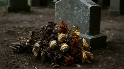 Withered Flowers Resting On A Grave In A Cemetery