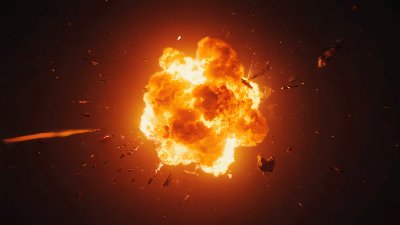 Massive Fiery Explosion With Debris Flying In Space