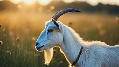 White Goat Standing In A Golden Meadow At Sunset