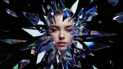 Surreal Portrait Of Woman Surrounded By Floating Glass Shards
