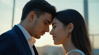 Romantic Couple Touching Foreheads During Golden Hour Sunset