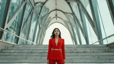 Stylish Asian Woman Walking Down Modern Glass Staircase