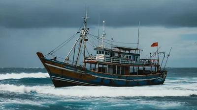 Fishing Boat Navigating Rough Ocean Waves