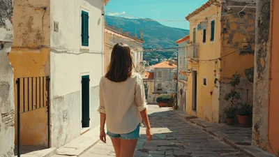 Young Woman Walking Down A Narrow Mediterranean Street