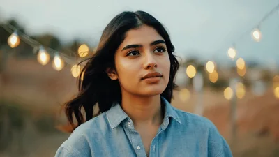 Young Woman Looking Upwards Outdoors With Bokeh Lights