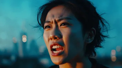 Young Asian Woman Expressing Intense Emotion Outdoors