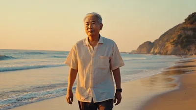 Senior Asian Man Walking Along Beach At Sunset