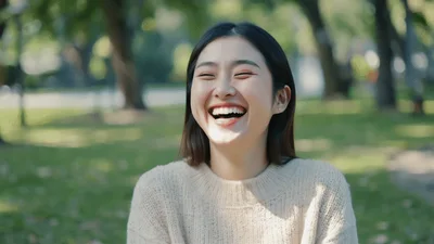 Young Asian Woman Laughing Joyfully In A Park