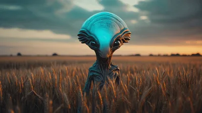 Alien Standing In A Golden Wheat Field At Sunset
