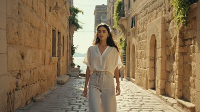 Young Woman Walking Through A Narrow Mediterranean Stone Street