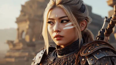Female Warrior Looking Around In Ancient Ruins