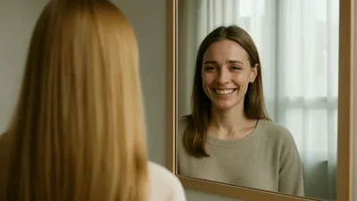 Young Woman Smiling At Her Reflection In The Mirror