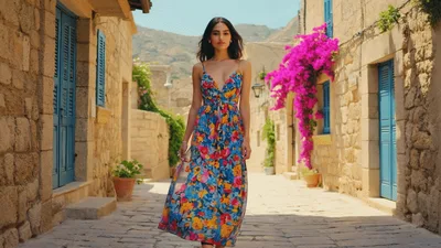 Young Woman Walking Down A Sunny Mediterranean Street