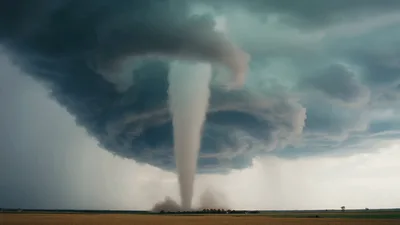 Large Supercell Tornado Rotating Over Open Plains