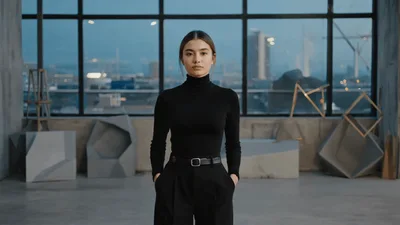 Young Woman Standing Still In A Modern Studio
