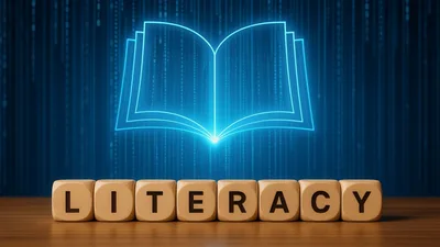 Neon Book Icon Above Literacy Wooden Blocks
