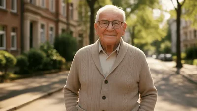 Elderly Man Smiling While Standing On A Sunny Street