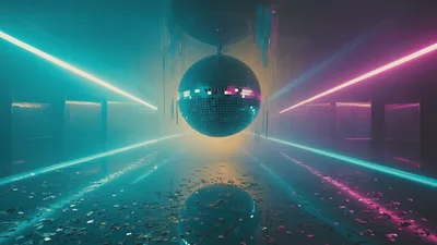 Rotating Disco Ball In Neon Lit Nightclub Hallway