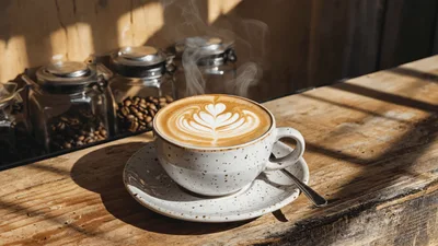 Steaming Latte With Latte Art On Wooden Table