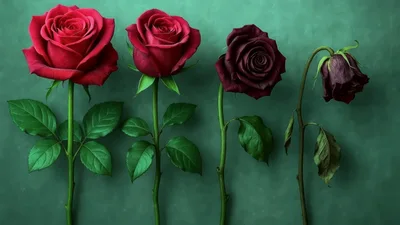 Four Red Roses Showing Stages Of Life Cycle