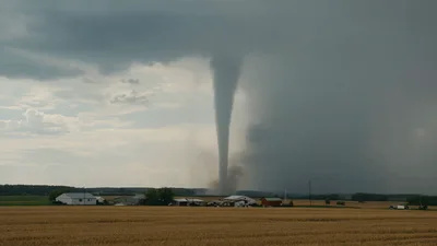 Tornado Touching Down Over Rural Farm Fields
