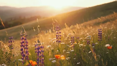 Wildflowers Swaying In A Meadow At Golden Hour