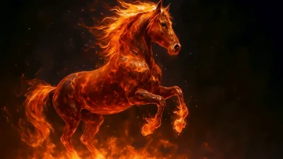 Majestic Fire Horse Rearing Up In Dark Background