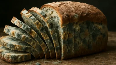 Moldy Sliced Loaf Of Bread On Wooden Table
