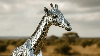 Reflective Mirror Mosaic Giraffe Sculpture In African Savanna