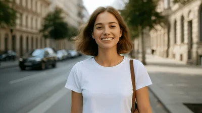 Young Woman Walking Down City Street Smiling