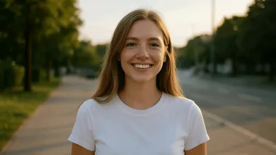 Young Woman Smiling Outdoors In A White T-Shirt