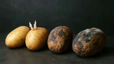 Four Potatoes Showing Different Stages Of Decay And Sprouting