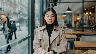Young Asian Woman Sitting In A Parisian Cafe